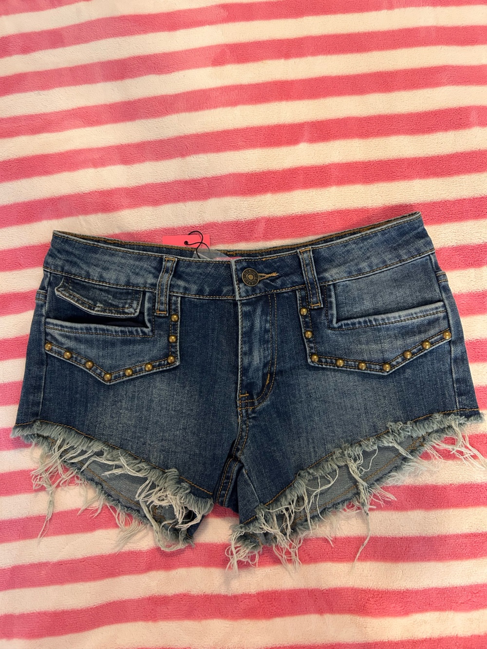 Edikted Frayed Hem Studded Denim low rise Mini Shorts in Denim blue NWT